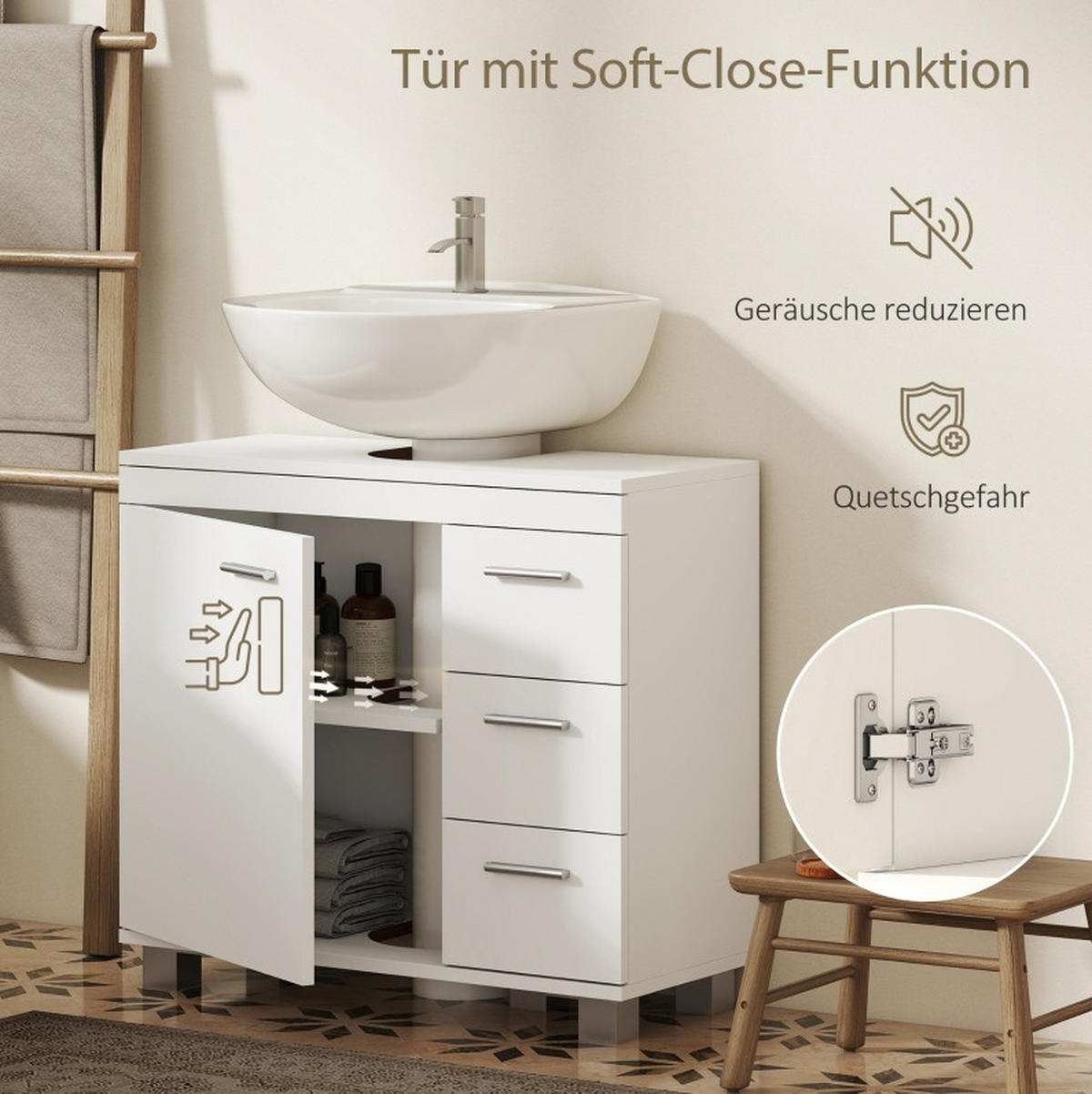WASCHBECKENUNTERSCHRANK mit 2 Regalen und 3 Schubladen 70 cm Weiß - Weiß, Holzwerkstoff (30/64/70cm) - Beauniv