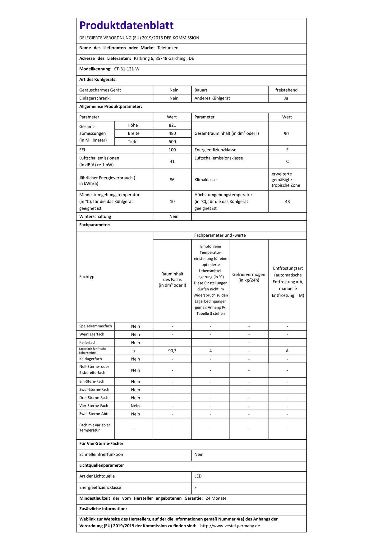 KÜHLSCHRANK, ohne Gefrierfach, freistehend, klein, 90 Liter Nutzinhalt, mit Gemüsefach & 3 Ablagen, Temperaturregelung, CF-31-121-W - Weiß, Kunststoff/Metall (48/82.1/50cm) - Telefunken