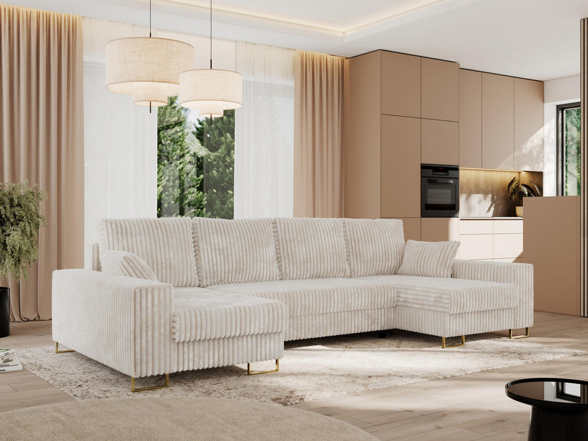 WOHNLANDSCHAFT DORIAN U Cord Beige - Beige/Goldfarben, Textil/Metall (312/95/138cm) - MKS