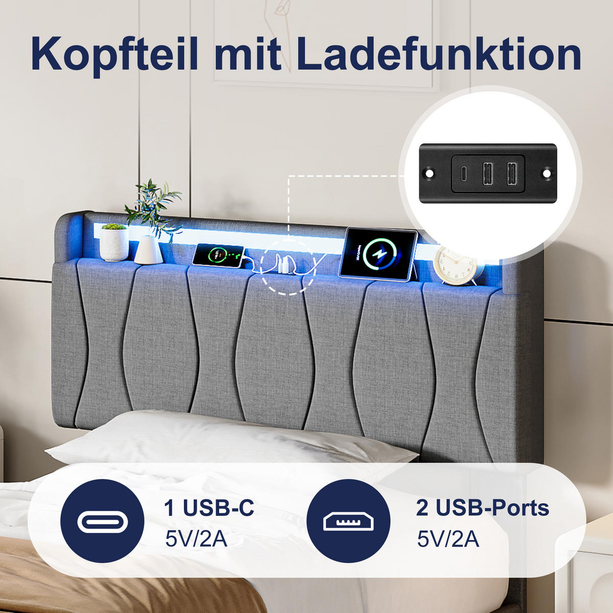POLSTERBETT 90x200 cm mit LED & USB, Lattenrost, Grau - Grau, Metall (90/200cm)