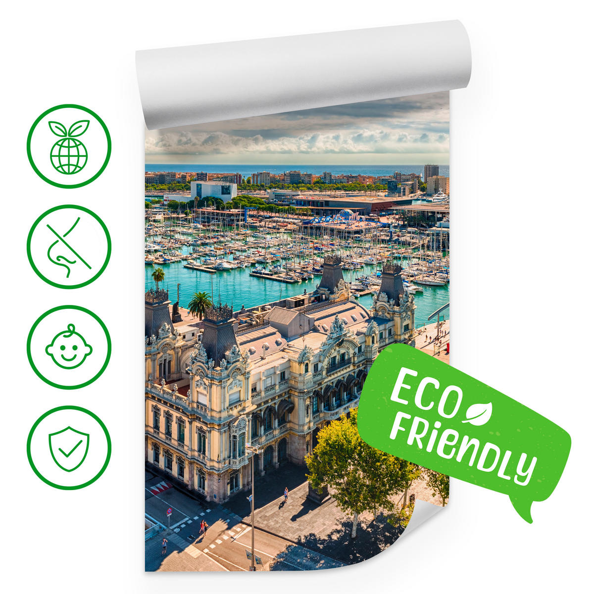 FOTOTAPETE für Wohnzimmer Barcelona Hafen Boote Denkmäler 350x256 - Türkis/Beige, Papier (350/256cm) - Muralo