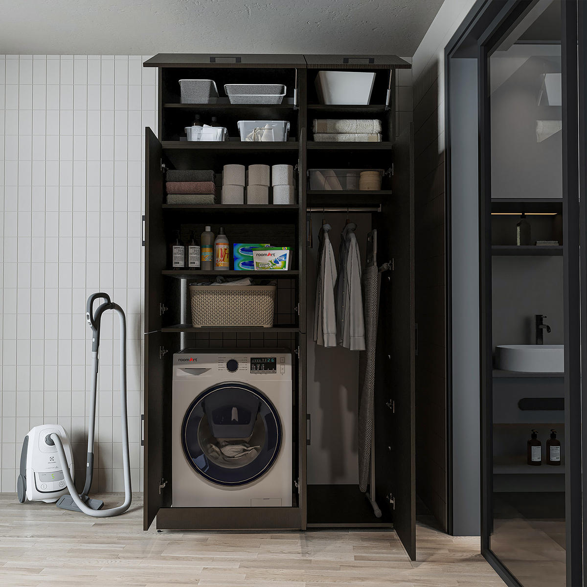 WASCHMASCHINENSCHRANK DORA-II 115cm Breit, 230cm Hoch - Schwarz, Holzwerkstoff (115/230/73.8cm)