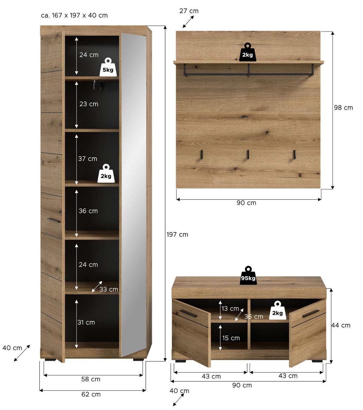 GARDEROBE Set 3-teilig Evoke Eiche 167 cm, Flurmöbel mit viel Stauraum - Eichefarben/Schwarz, Glas/Holzwerkstoff (167/197/40cm) - Inn.Furn