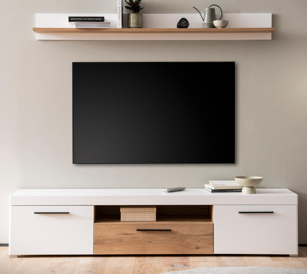 WOHNZIMMER-SET Wandboard weiß matt, Evoke Eiche, Wohnkombination 2-teilig, Soft-Close-Funktion - Eichefarben/Schwarz, Holzwerkstoff/Kunststoff (205/180/45cm) - Furn.Design