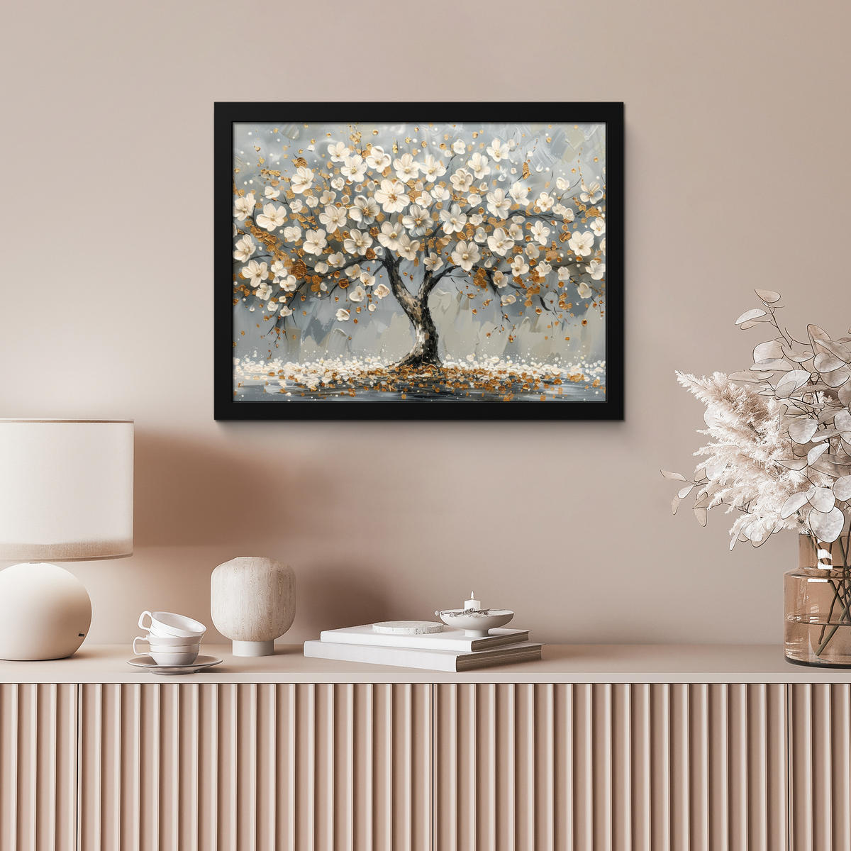 POSTER MIT RAHMEN Baum - Blumen - Weiß - Natur - Kunst 40x30 cm - Weiß, Papier (40/30cm) - MuchoWow