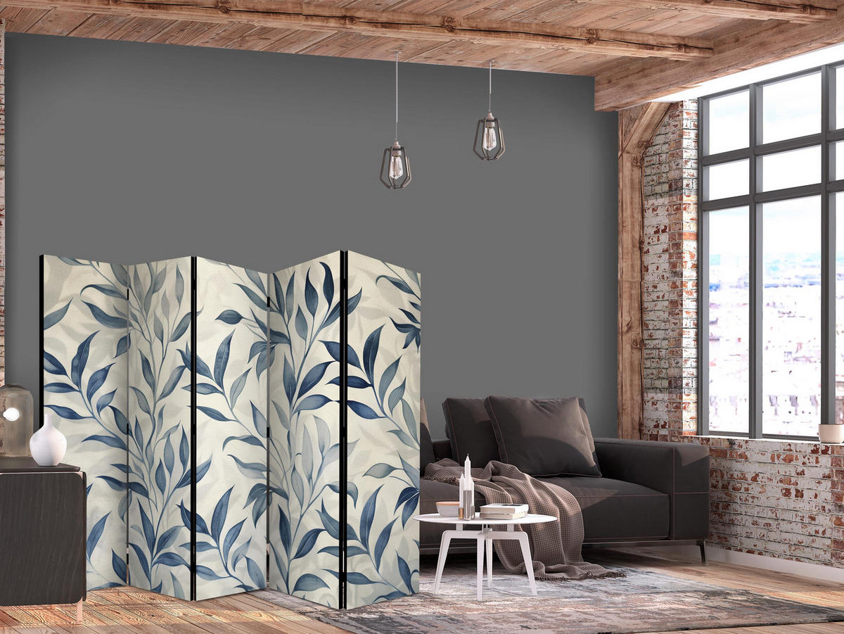 PARAVENT 5-tlg 225x172 cm Blaue Blätter Boho - Blau, Holz/Textil (225/172/3cm) - Muralo