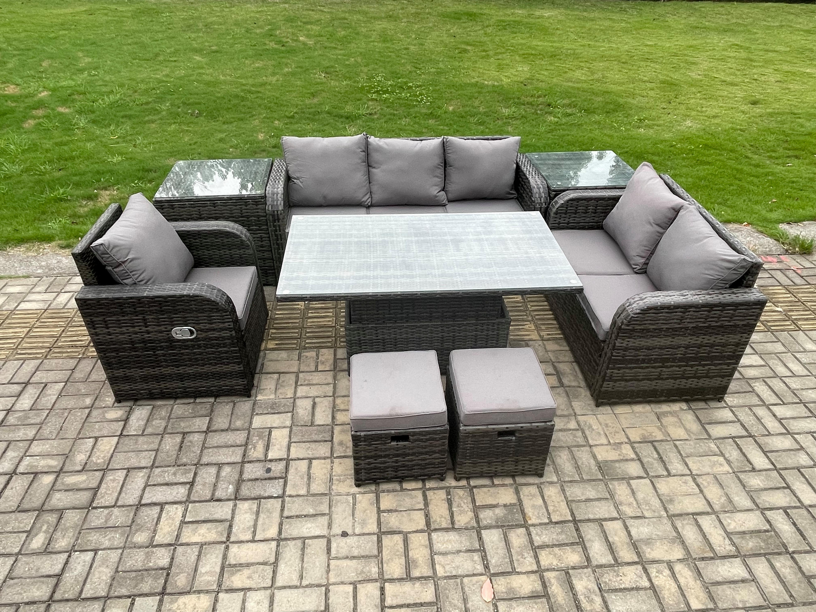 GARTENMÖBEL SET mit Höhenverstellbarer Esstisch,Beistelltisch 8-Sitzer Grau - Dunkelgrau/Grau, Glas/Kunststoff - Fimous