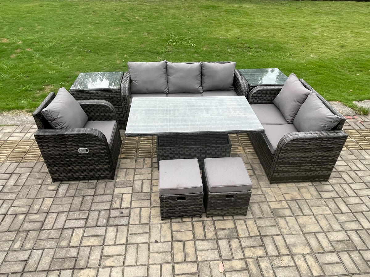 GARTENMÖBEL SET mit Höhenverstellbarer Esstisch,Beistelltisch 8-Sitzer Grau - Dunkelgrau/Grau, Glas/Kunststoff - Fimous