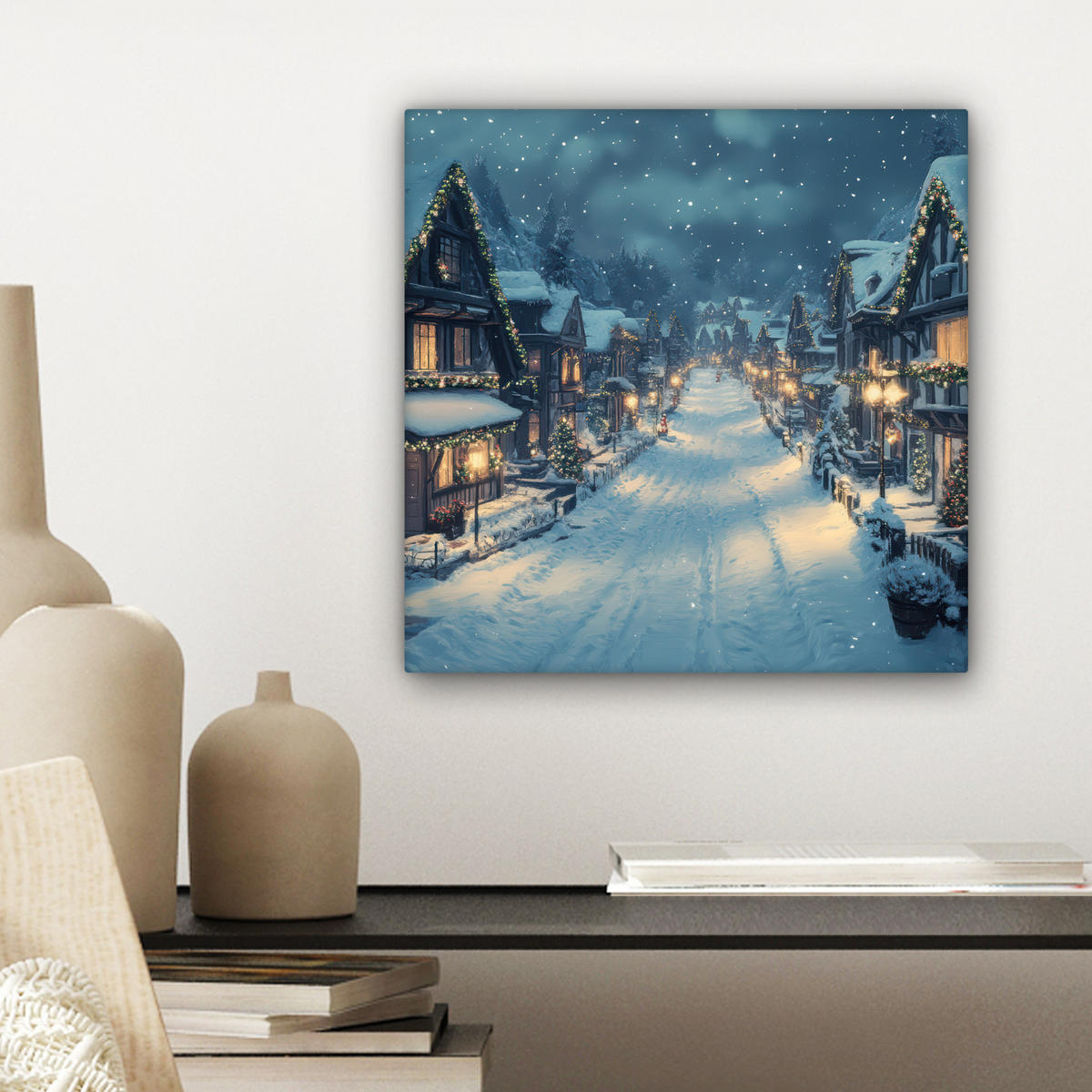 LEINWANDBILD Weihnachtsdorf - Weihnachten - Schnee - Winter Deko Wohnzimmer 20x20 cm - Dunkelblau, Textil (20/20cm) - MuchoWow