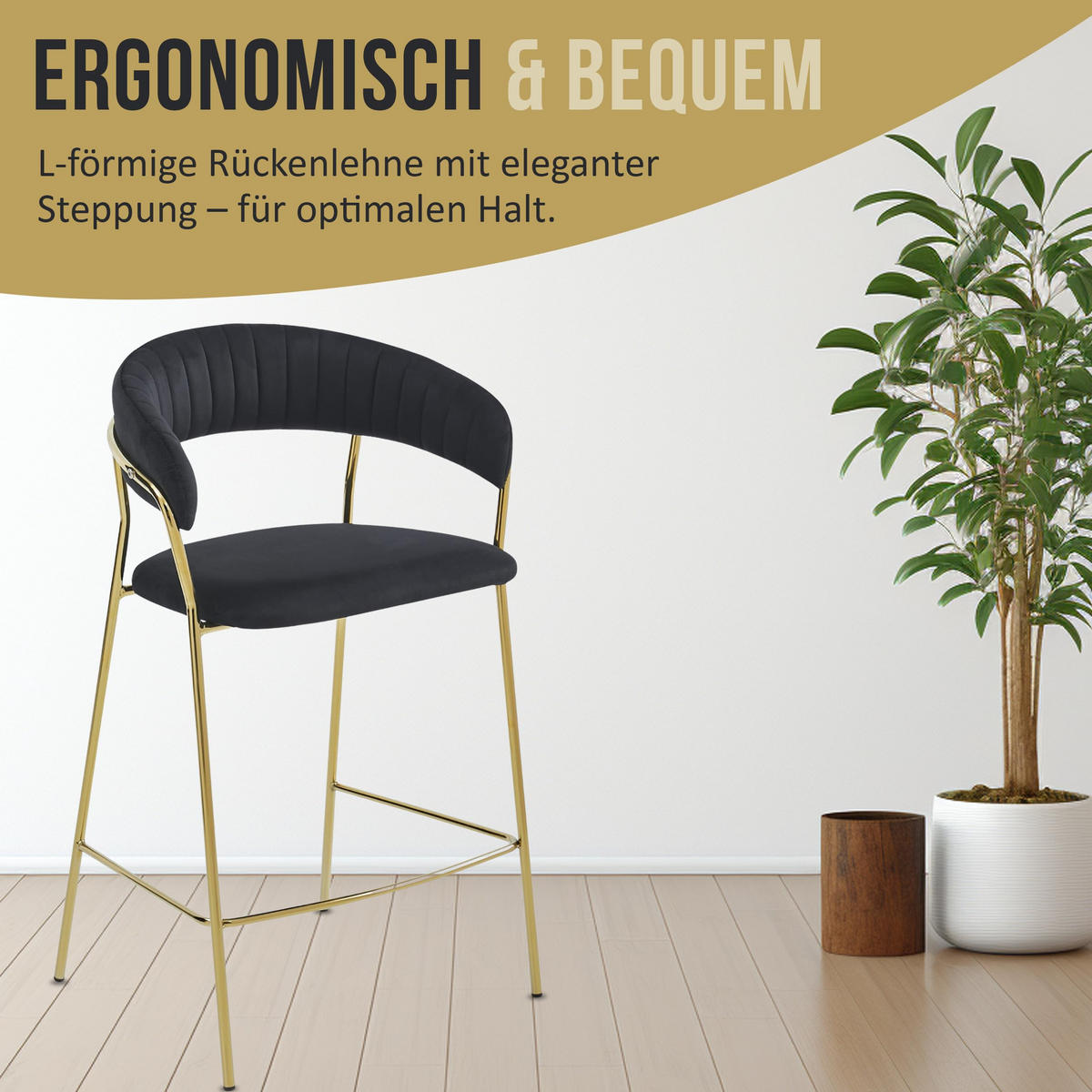 BARHOCKER 2er Set Beige Velours, geriffelte Rückenlehne, Metallgestell vergoldet, Modernes Design, Thekenhöhe - Beige, Textil (48/97/46cm) - Best For Home