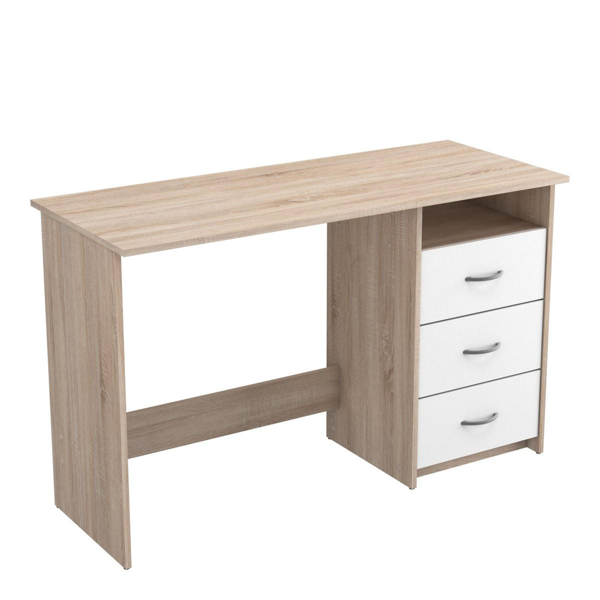 SCHREIBTISCH 1 Fach 3 Schubladen L123 cm - Aristote - Eichefarben/Weiß, Holzwerkstoff (123/50.1/76.5cm) - Calicosy