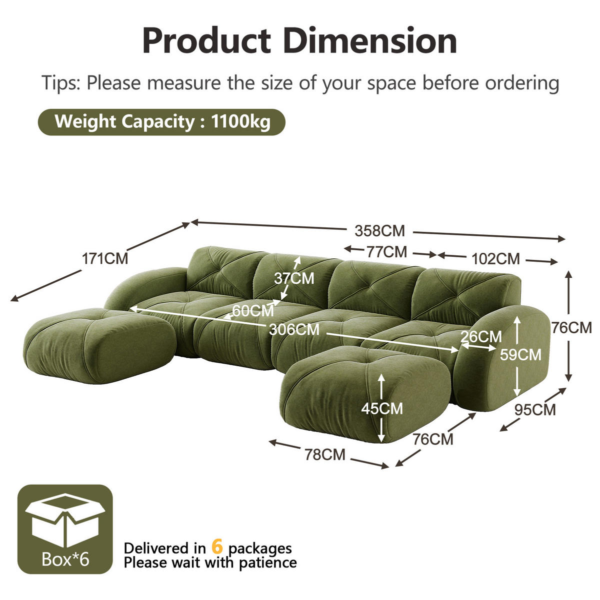 MODULSOFA U-Form 4-Sitzer mit 2 Hockern Chenille Grün - Grün, Kunststoff (171/76/358.1cm) - Meubliv
