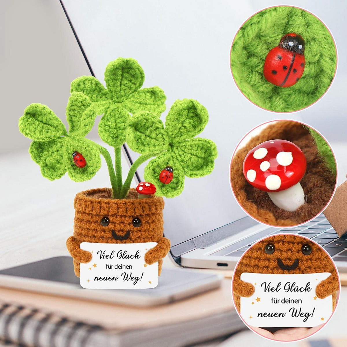 GLÜCKSBRINGER Gestrickte Blume Vierblättriges Kleeblatt mit Spruch - Grün, Textil (1/1cm)