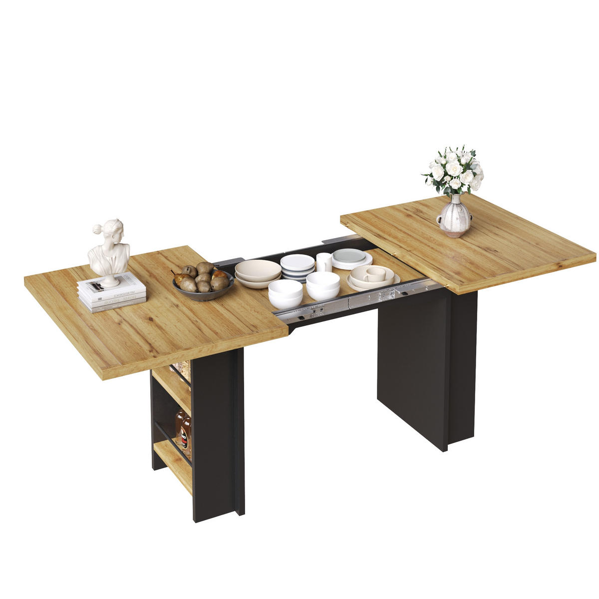 ESSTISCH 120-160/80/75 cm naturfarben ausziehbar mit Regalen aus MDF - Braun, Holzwerkstoff (120/80/75cm) - OKWISH
