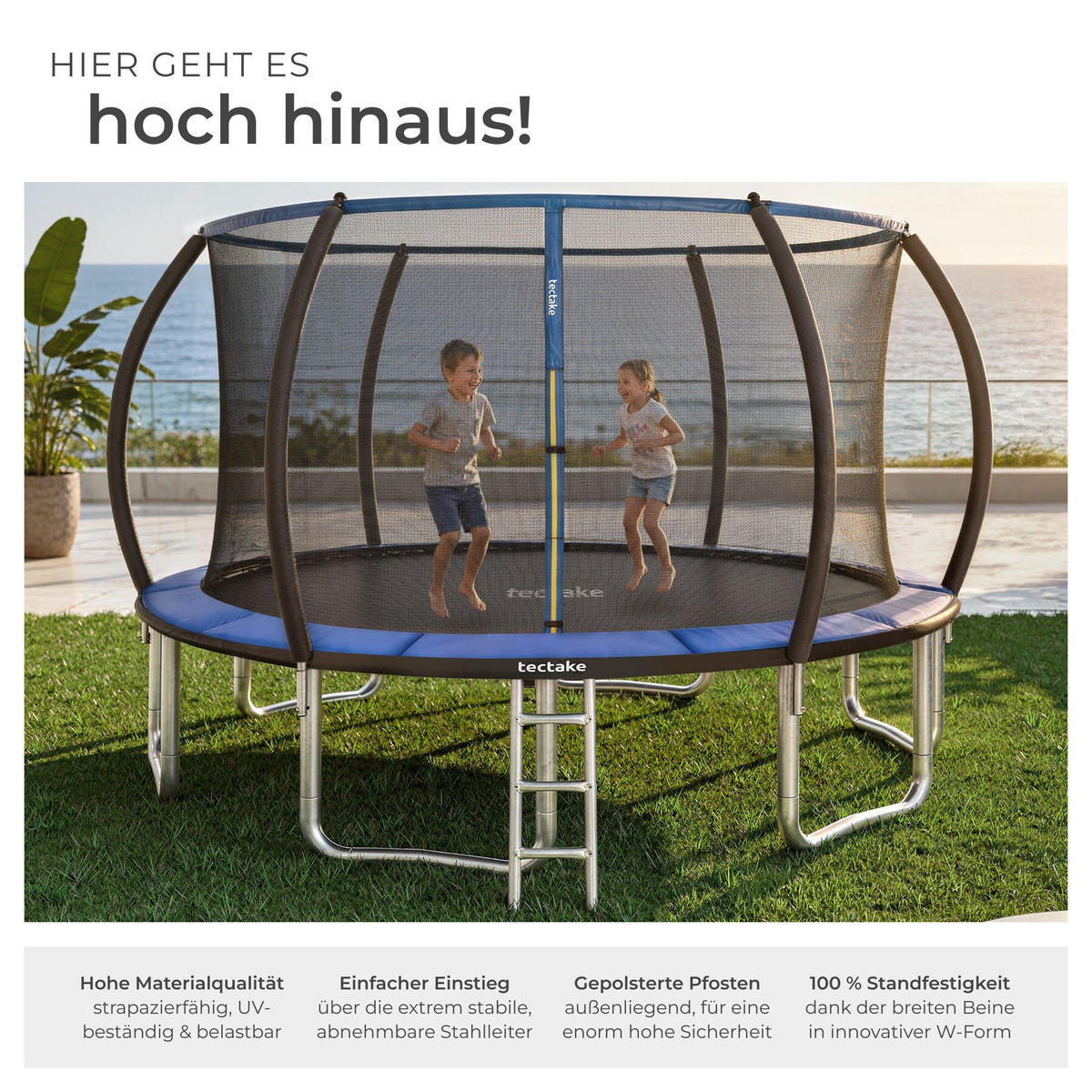 TRAMPOLIN Jumpy, inklusive Einstiegsleiter, schwarz/blau - Blau/Schwarz, Metall (394/275/394cm) - tectake