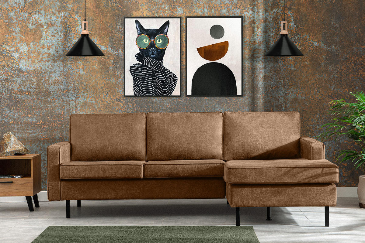 ECKSOFA-RECHTS INVIA mit Armlehnen vintage, Lederoptik-Stoff, braun - Schwarz/Braun, Textil (234/160cm) - KONSIMO®