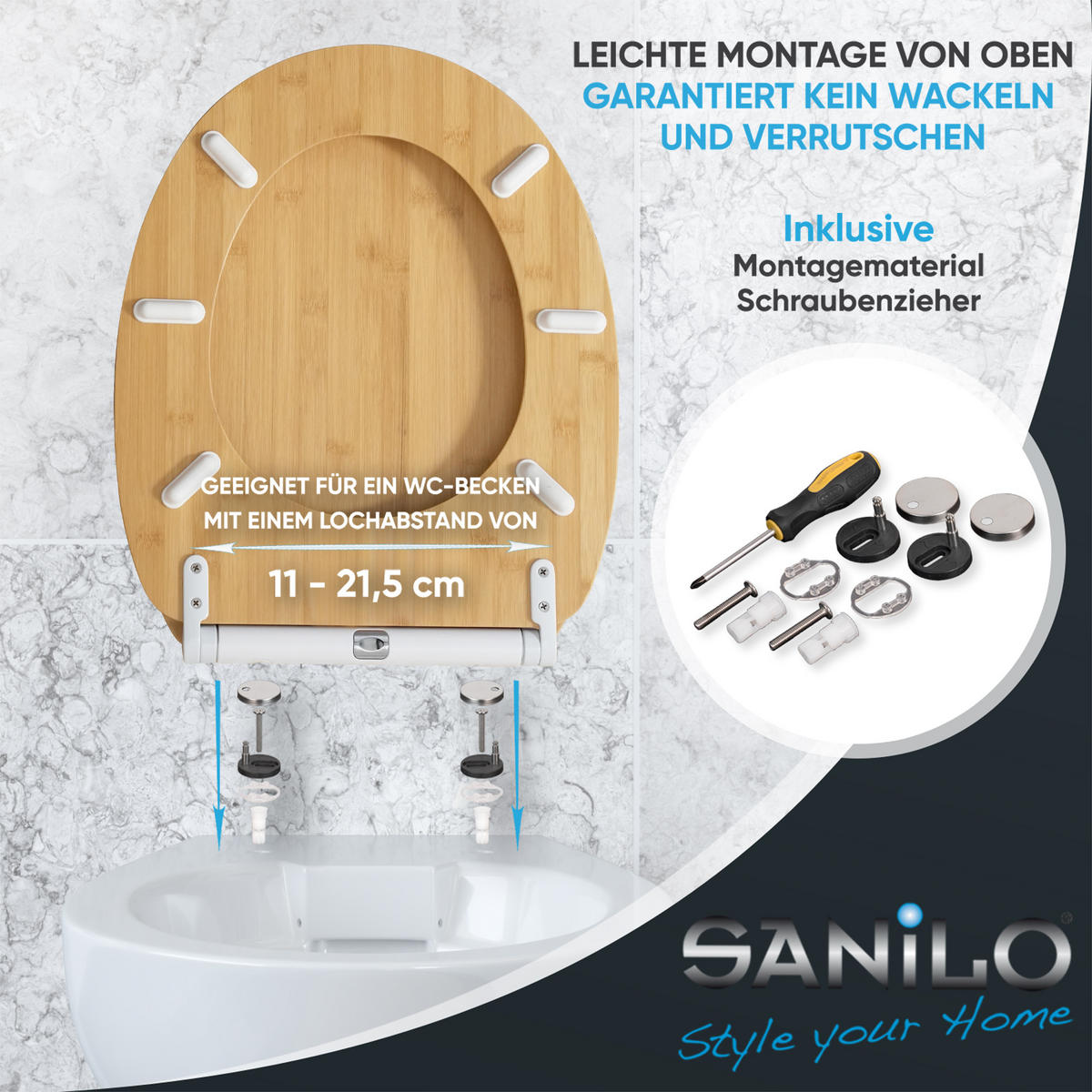 WC-SITZ mit Absenkautomatik & Top Fix Bambus - Braun, Holzwerkstoff (37.7/5.5/48cm) - Sanilo