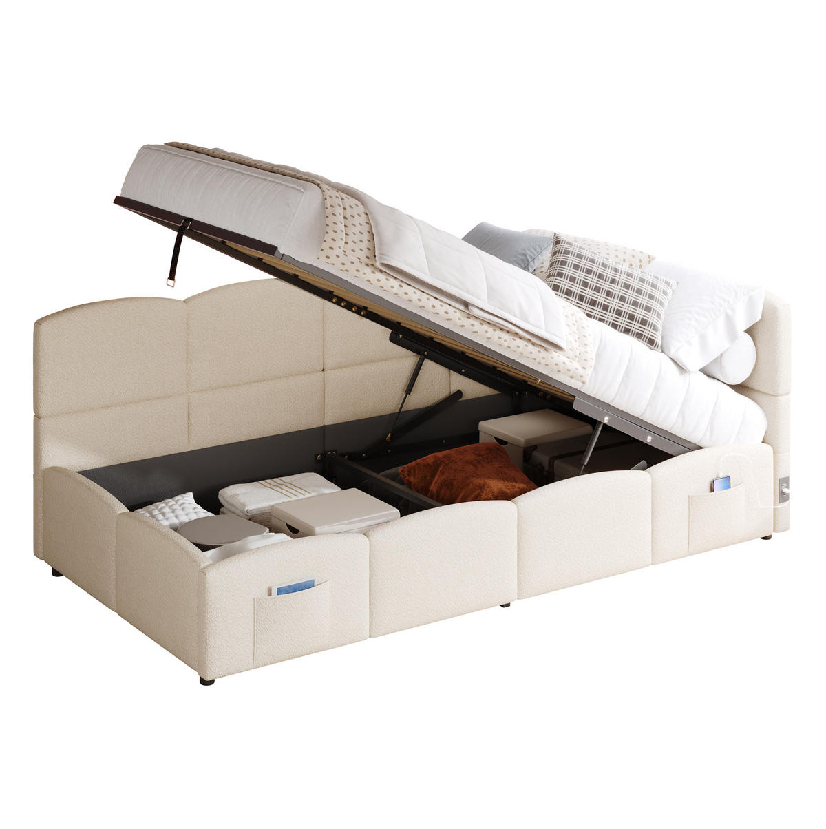 POLSTERBETT 90/200 cm mit hydraulischem Stauraum, USB-A/USB-C, Stautaschen und Bouclé-Bezug, Beige - Beige, Textil (90/200cm) - Redom