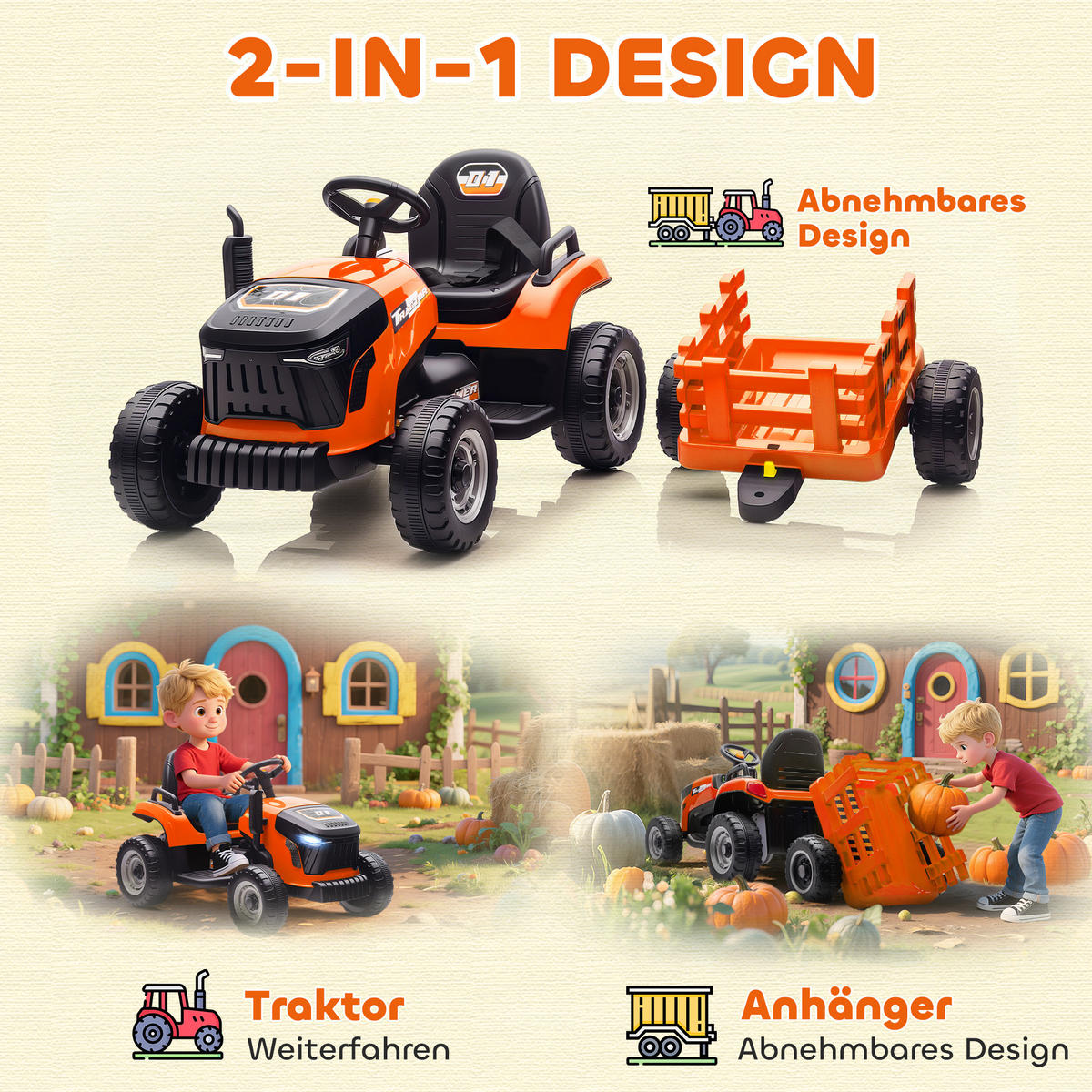 KINDER-ELEKTROAUTO 3-Gang mit Anhänger, 2 Motor, für 3-8 Jahre, Orange - Orange, Metall (139/58/55cm) - AIYAPLAY