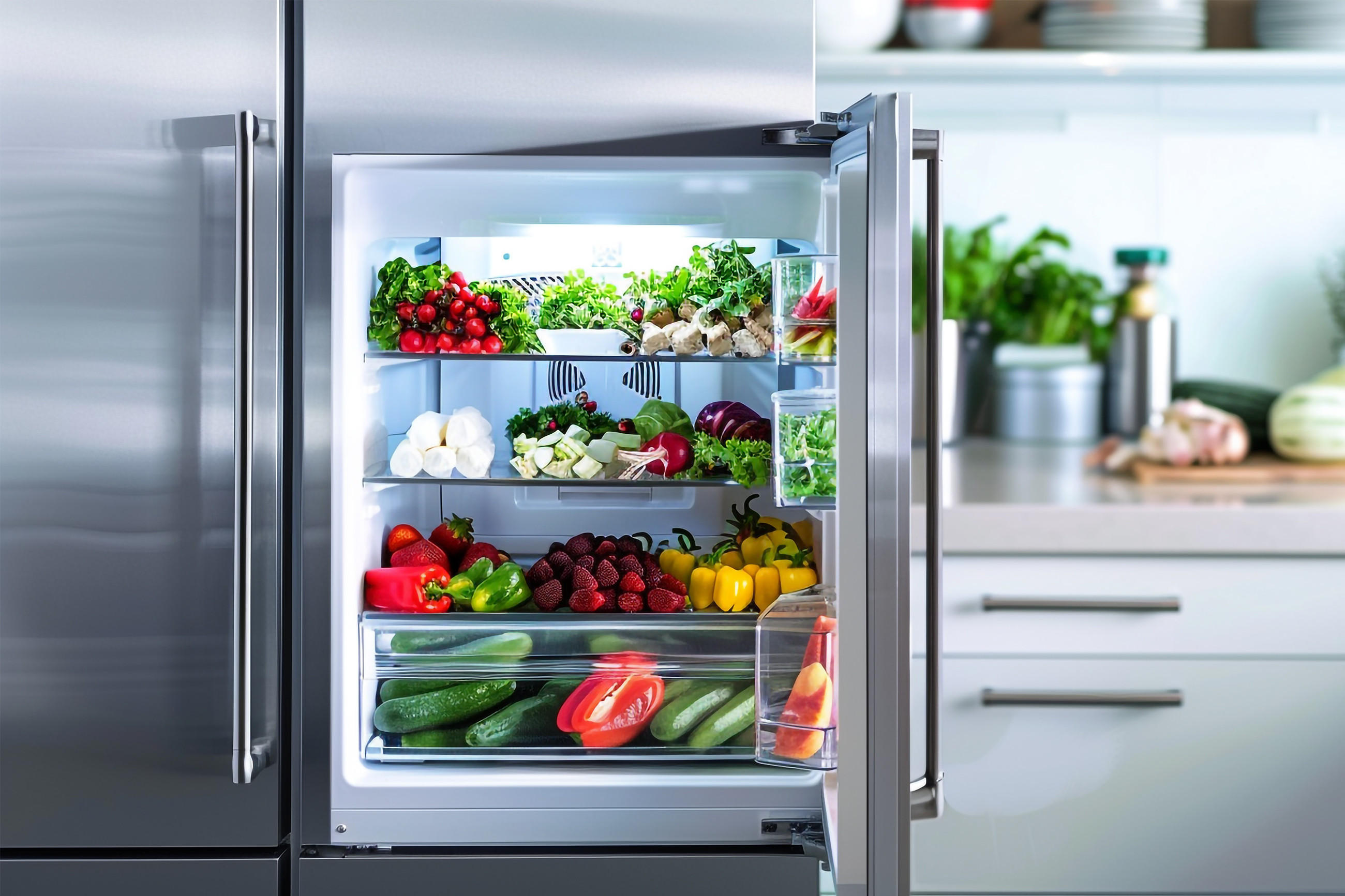 No Frost Kühlschrank, Offener Kühlschrank mit gesundem Essen, Küche mit Elektrogeräten