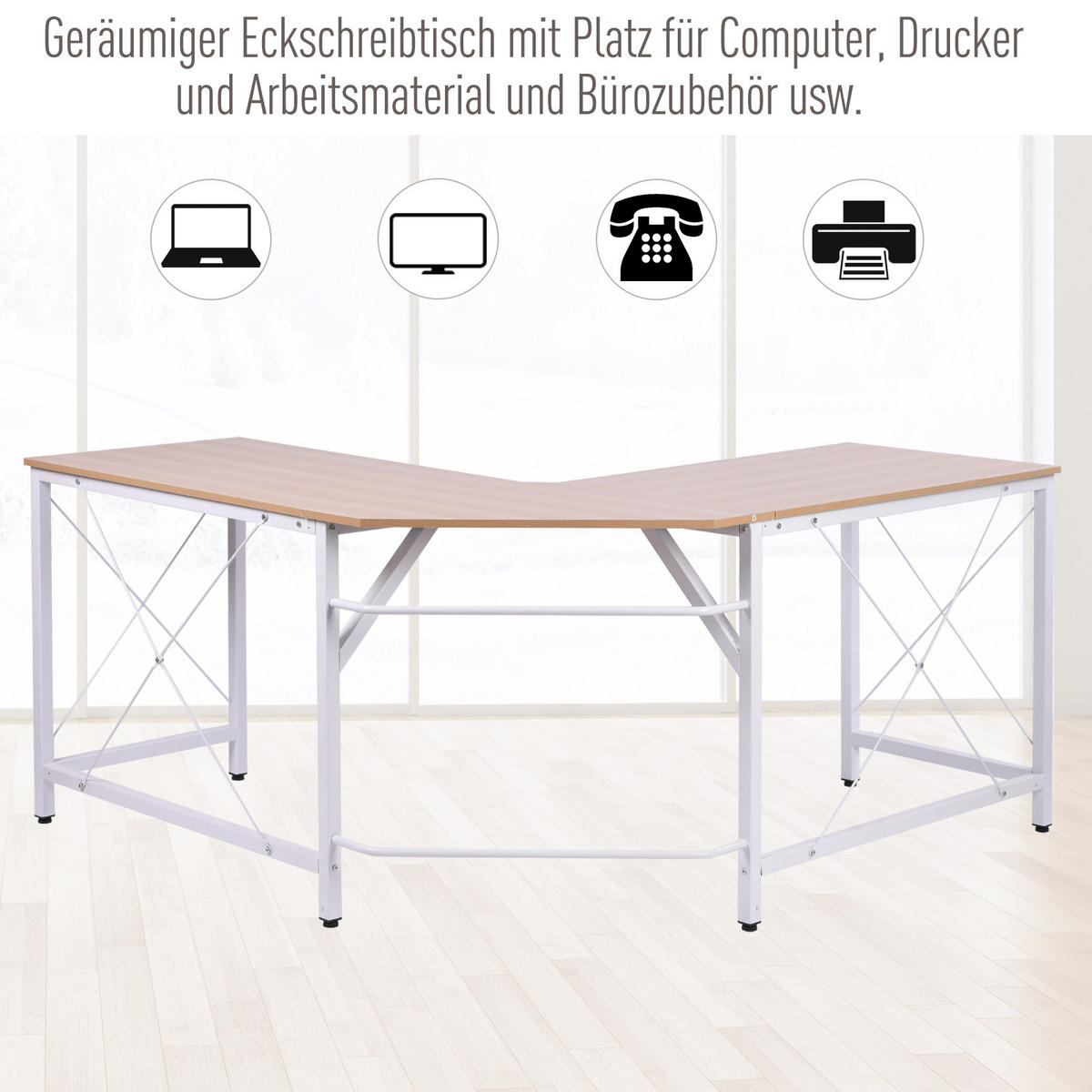 SCHREIBTISCH L-Form, MDF, Natur+Weiß - Naturfarben, Kunststoff (150/150/76cm) - HOMCOM
