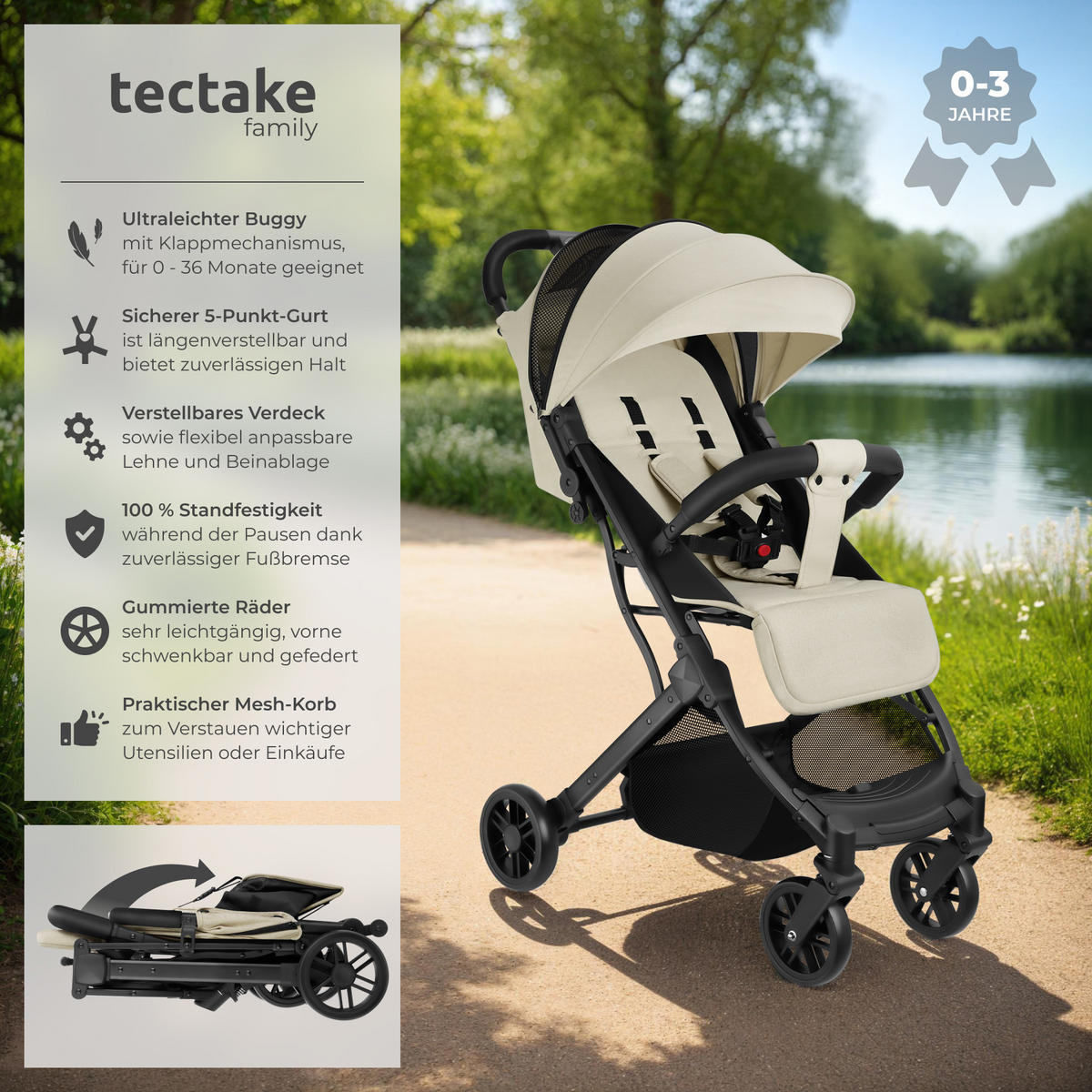 BUGGY-KINDERWAGEN Finn,für 0 bis 36 Monate geeignet, Belastbarkeit 15 kg,grau/beige - Beige/Grau, Textil (95/51/105cm) - tectake
