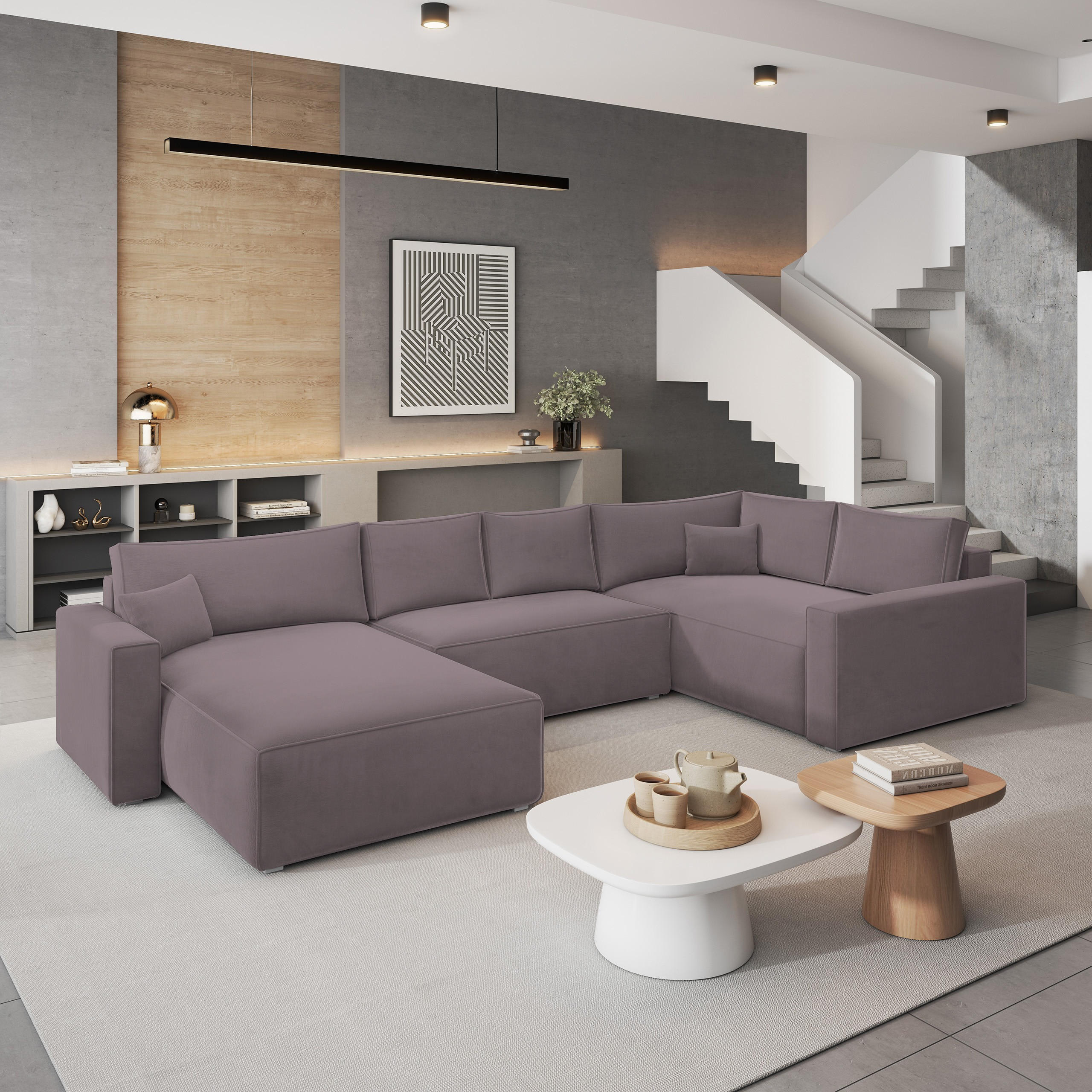 WOHNLANDSCHAFT VELAMI R-S Lila Velours-Stoff mit Schlaffunktion - Lila, Holz (365/83/194cm) - MASSENO