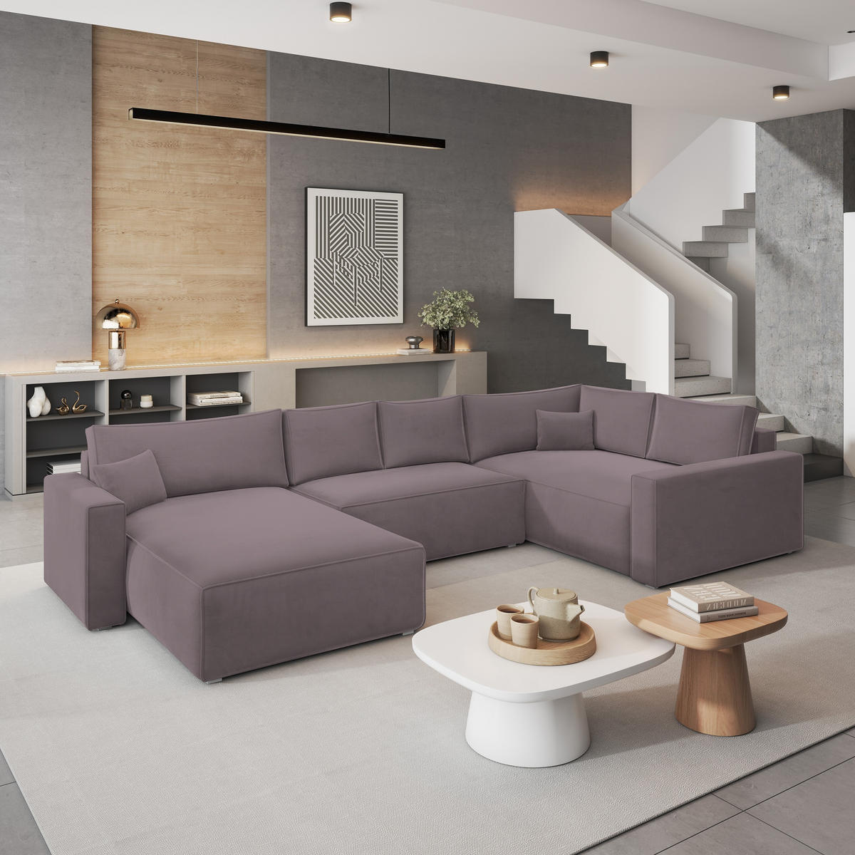 WOHNLANDSCHAFT VELAMI R-S Lila Velours-Stoff mit Schlaffunktion - Lila, Holz (365/83/194cm) - MASSENO