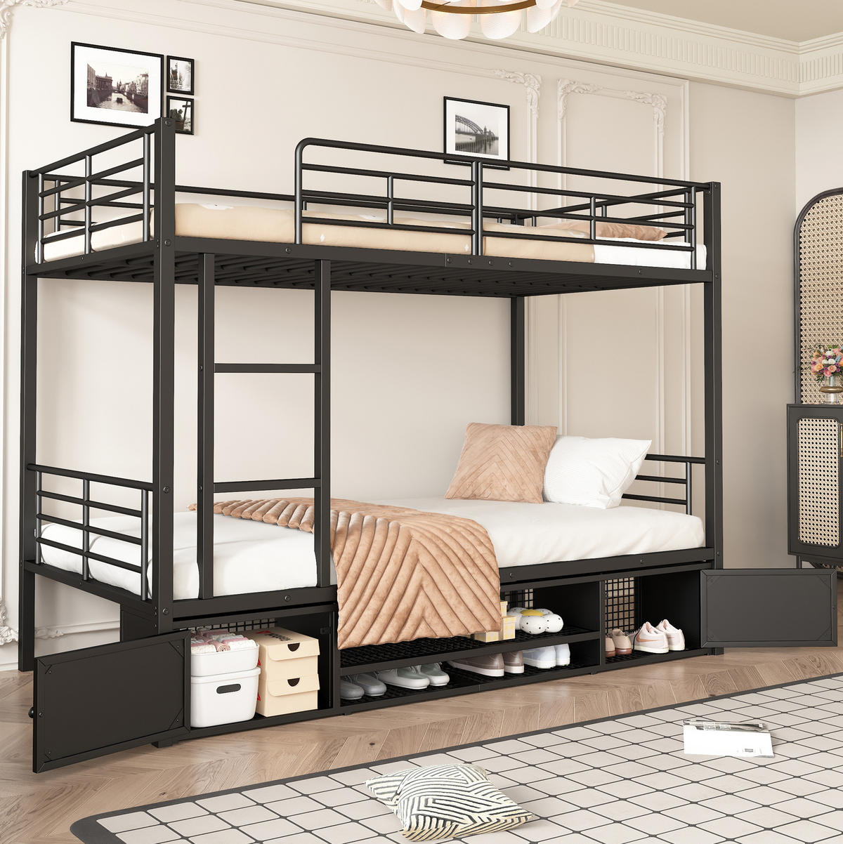 ETAGENBETT aus Metall 90x200 cm Schwarz mit Schuhablage, 2 Schränken, Leiter und Fallschutz - Schwarz, Metall (90/200cm) - IVMEU
