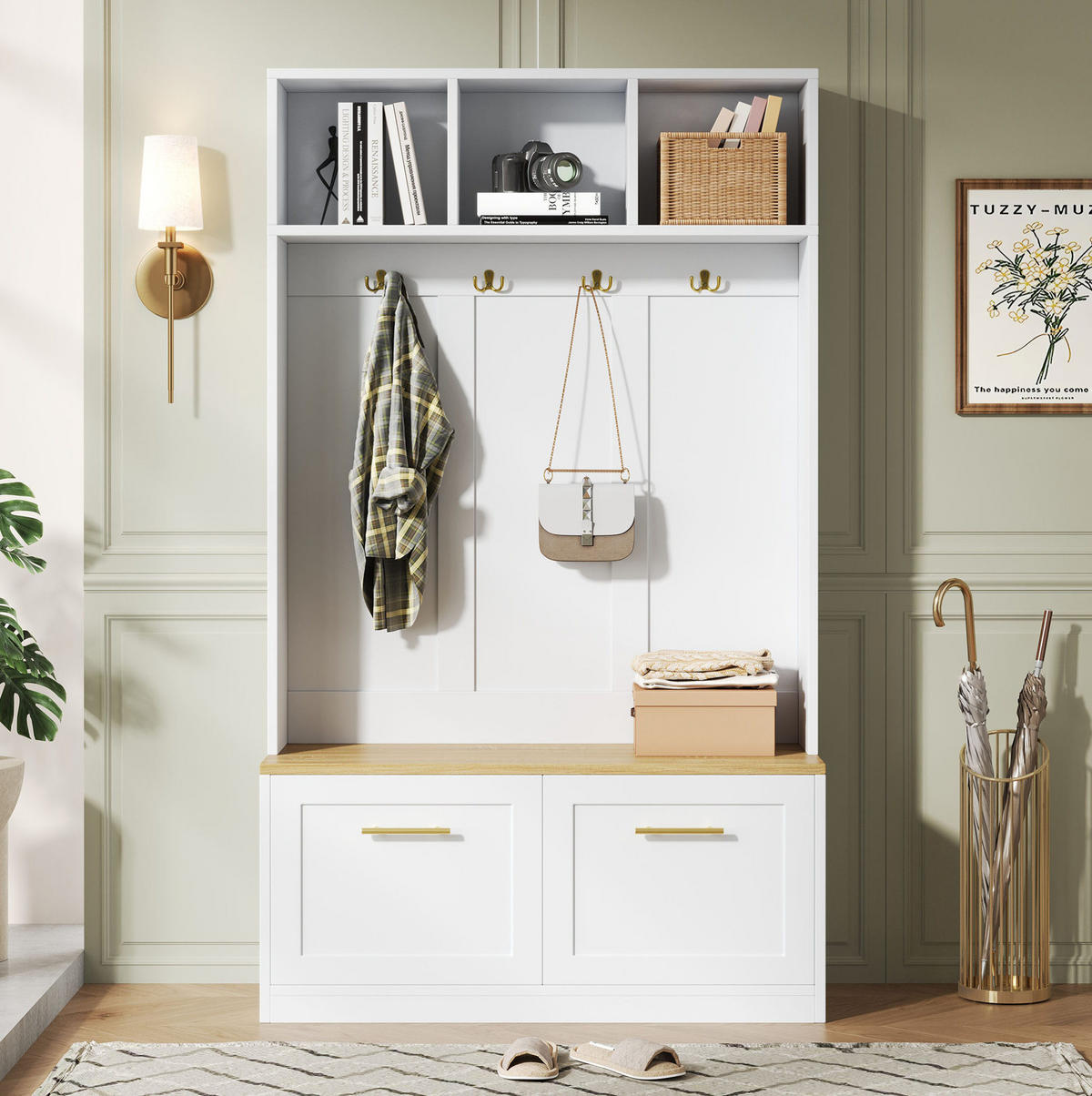 DIELENGARDEROBE mit 4 Haken und Sitzbank, 105/40/180 cm, Natur/Weiß - Naturfarben, Holzwerkstoff (105/180/40cm) - BEAOK