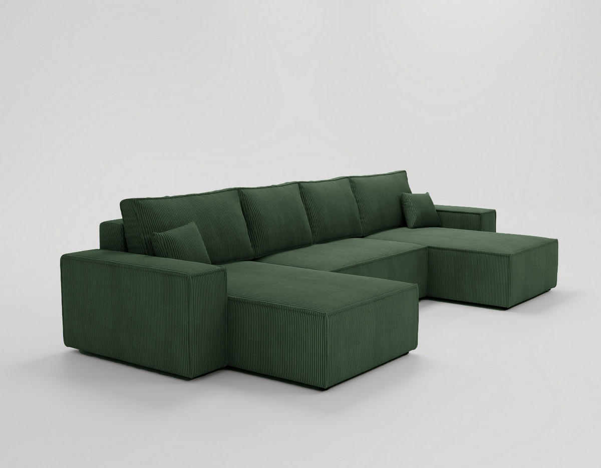 ECKSOFA U 380 cm Bergamo mit Schlaffunktion, Cordstoff, Grün - Grün, Holz (377/189cm) - Emporius