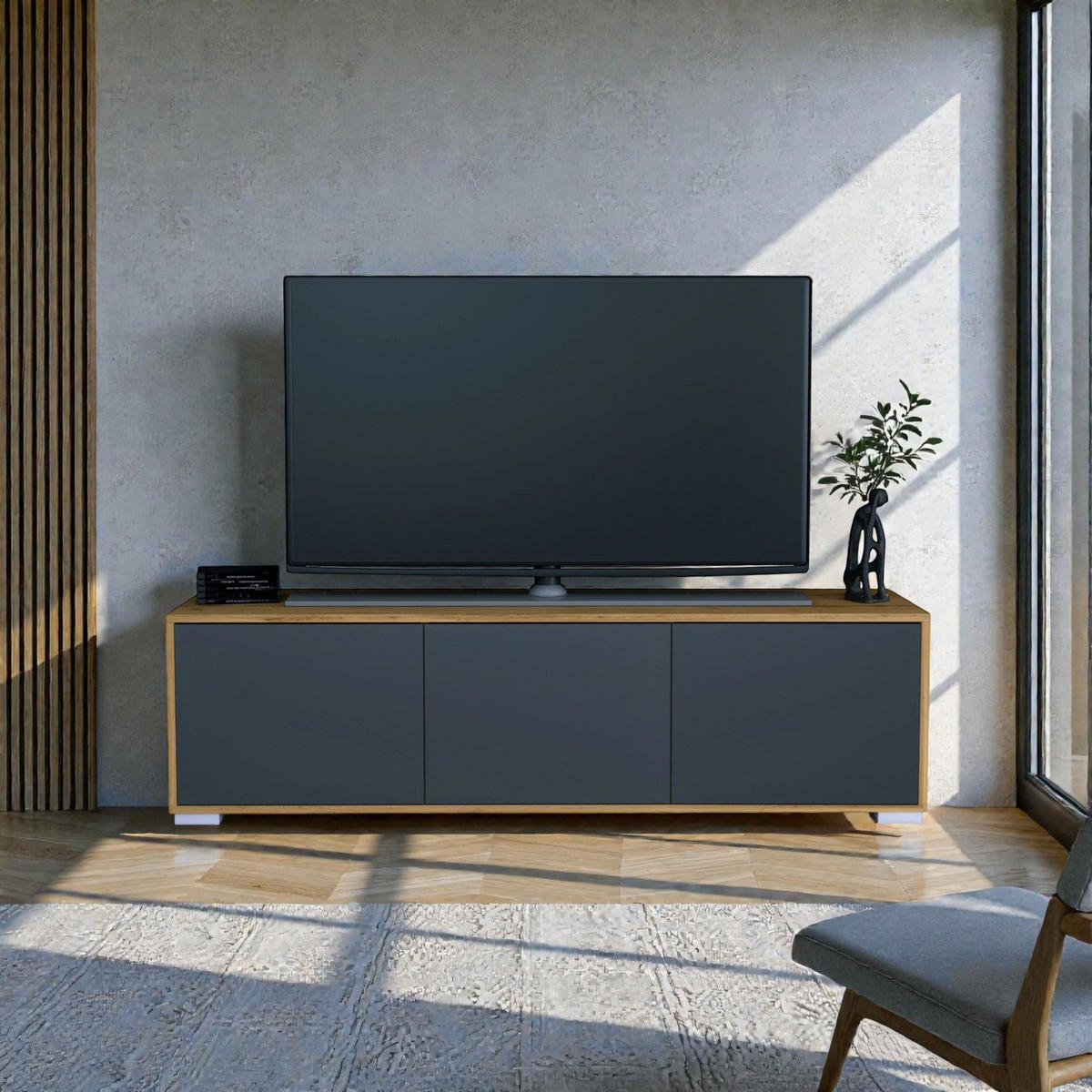 TV-BOARD Elena, Lowboard mit Push-to-Open, Made in Germany, Moderner Fernsehschrank, Eiche Evoke/Anthrazit matt (152,5 x 43 x 37 cm) - Anthrazit, Holzwerkstoff (152.5/43/37cm) - InnoFurn