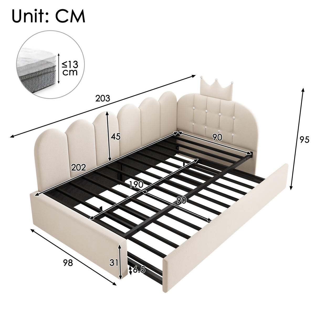TAGESBETT 90/200/190 cm Beige aus Samt mit Ausziehbett - Beige, Textil (90/200cm) - OKMYHOME
