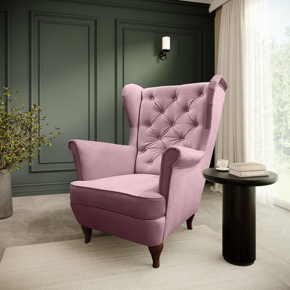 CHESTERFIELD-SESSEL Falco rosa mit Holzbeinen - Wengefarben/Rosa, Holz/Textil (82/102/92cm) - Beautysofa