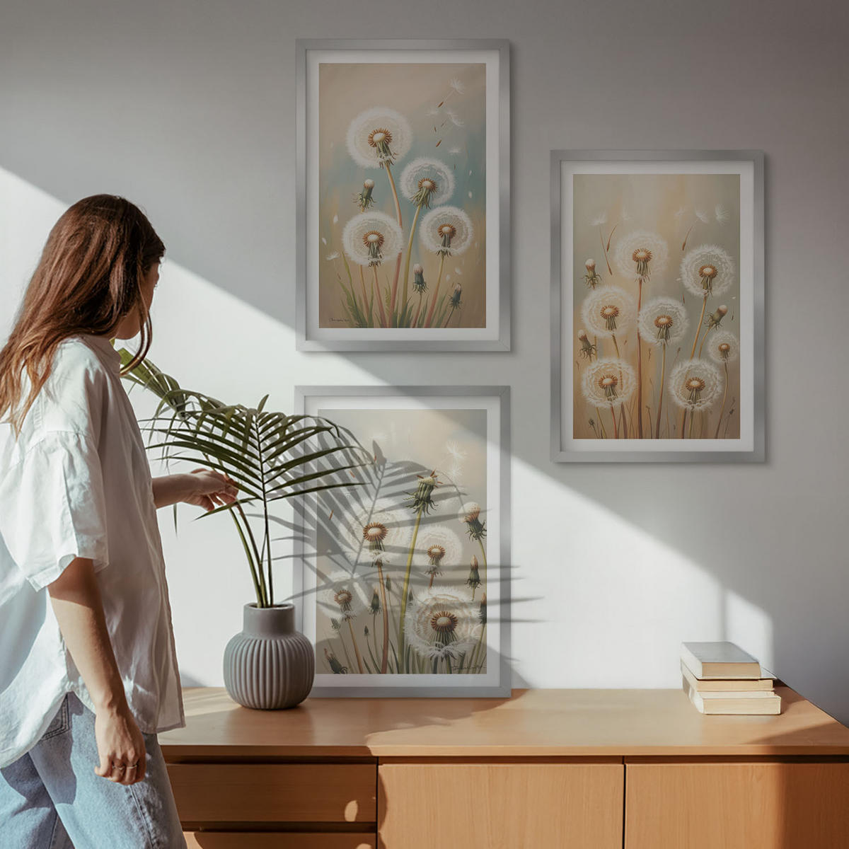 WANDBILDER 3er Set - 40x60 cm Silberner Rahmen - Pastellfarbene Löwenzahnblüten - Silberfarben, Kunststoff (40/60cm) - ArtPrintCave