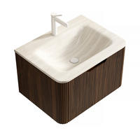BADMÖBEL Waschtisch 60 cm,Wandhängend Travertin-Waschbecken Walnuss Unterschrank Vormontiert - Braun, Holz (68/49/54cm) - PARAFTA HOME