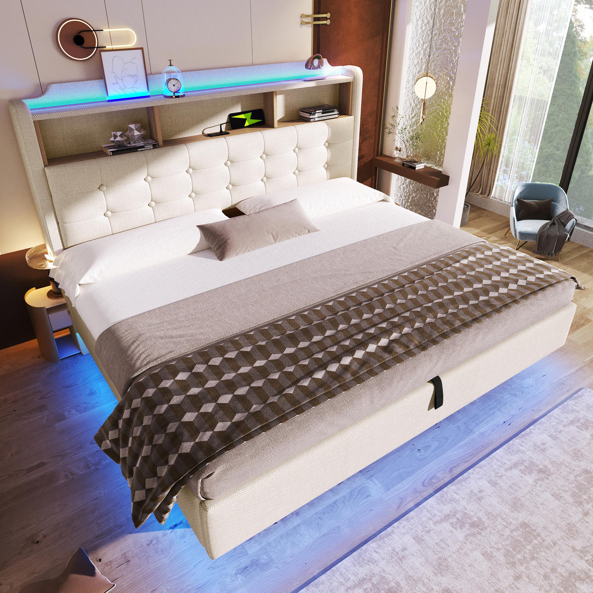 POLSTERBETT 180/200 mit Bettkasten, LED und USB in Beige - Beige, Holzwerkstoff/Textil (180/200cm) - EVRYAE