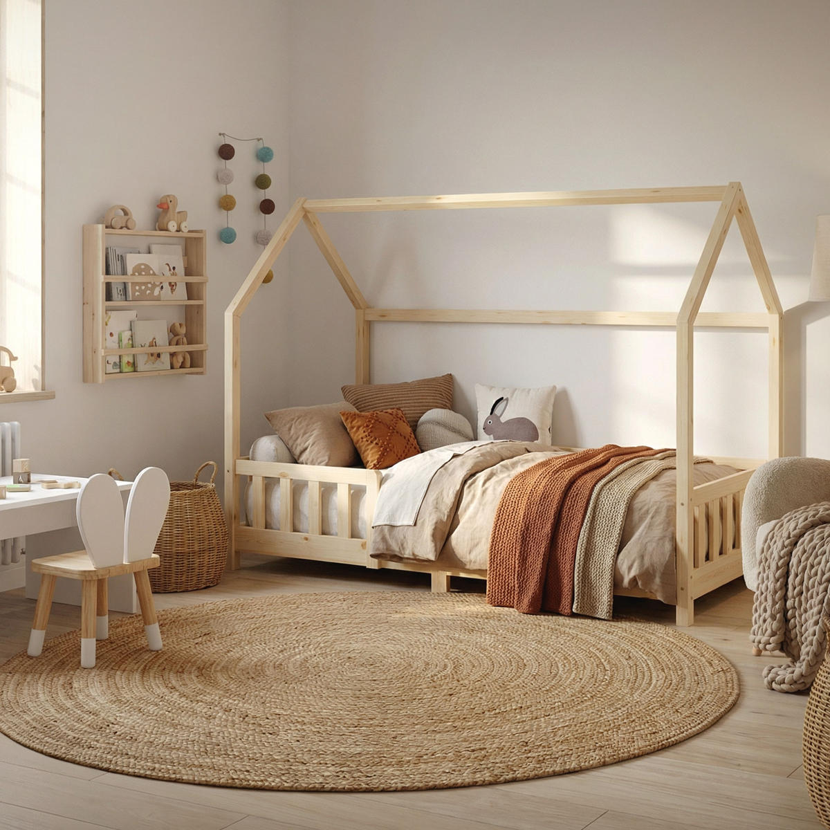 DĚTSKÁ postel 90x200 cm s matrací a ochrannou bočnicí, přírodní borovicové dřevo - přírodní, dřevo (90/200cm) - ML-DESIGN