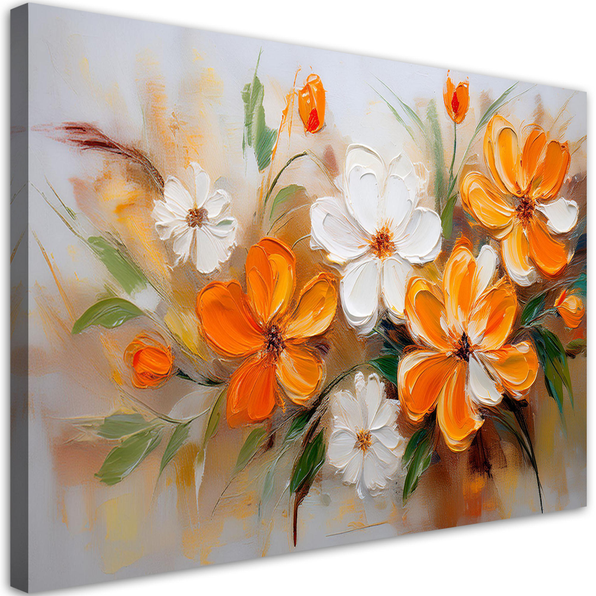 WANDBILD weiße und orangefarbene wildblumen - Orange, Textil (120/80cm) - Feeby