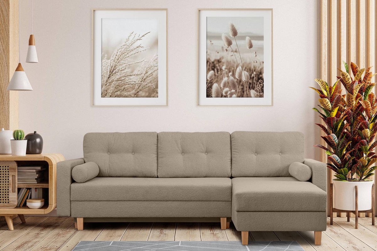 ECKSCHLAFSOFA ERISO 3/4 Sitzer und Universalecke mit Ottoman, Bouclé-Stoff, braun - Braun, Textil (240/183cm) - KONSIMO®
