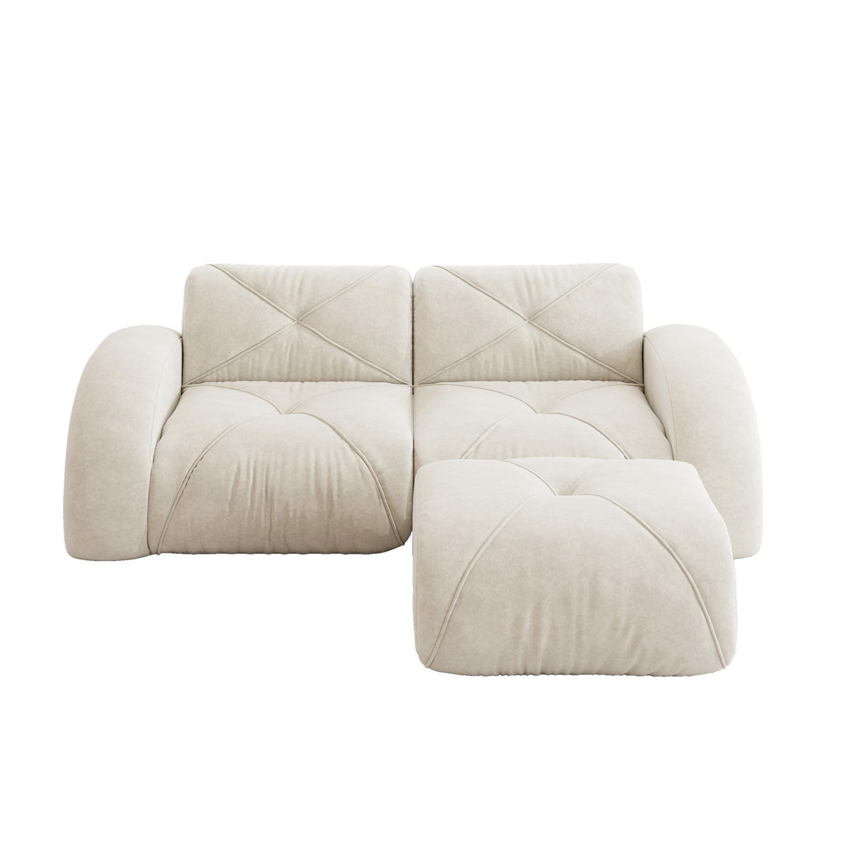 2-SITZER-MODULSOFA aus Chenille Hellbeige mit Hocker, rahmenlosem Design und 32D-Hochdichteschaum - Weiß, Textil (204/76/171cm) - Modfu