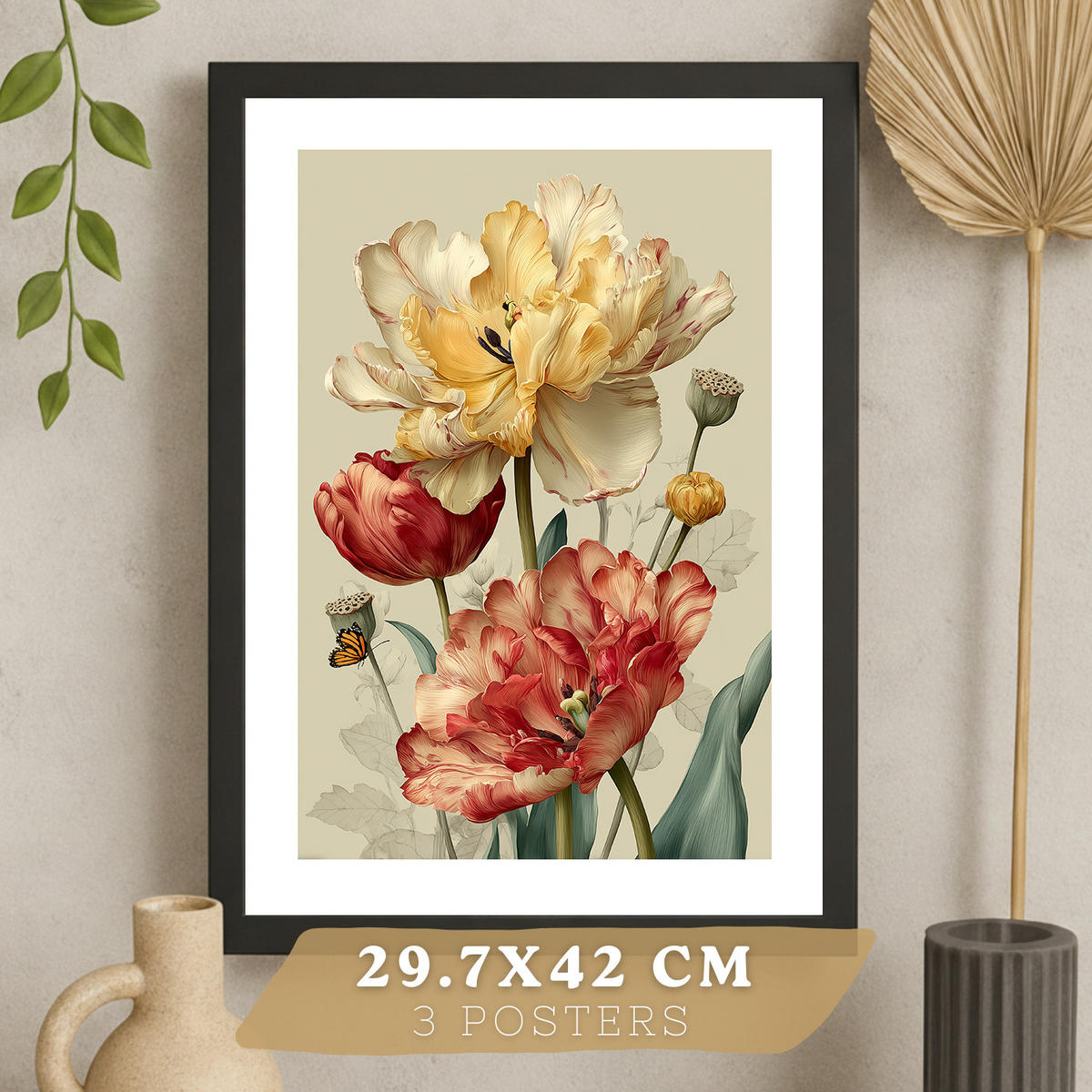 PLAKAT Sada 3 barevných květinových obrazů. Dekorativní nástěnné tisky barevných květin a přírody. Obrazy divokých květin. Velikost Bezrámové A3 - čirá, papír (29.7/42/3cm) - Nacnic