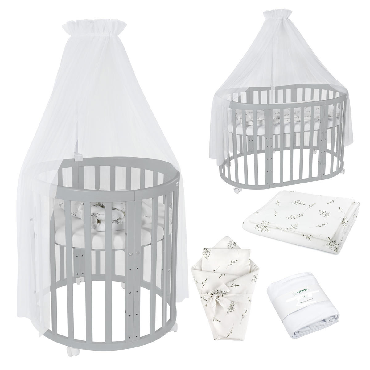 BABYBETT GREY OVAL 7in1 mit Matratze und Himmelset - Weiß/Grau, Holz/Textil