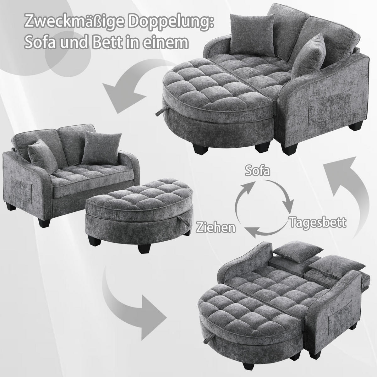 SCHLAFSOFA 2 in 1 Sofa mit Schlaffunktion, Hocker und Stauraum Stoffbezug Grau - Grau, Textil (129/93/132cm)
