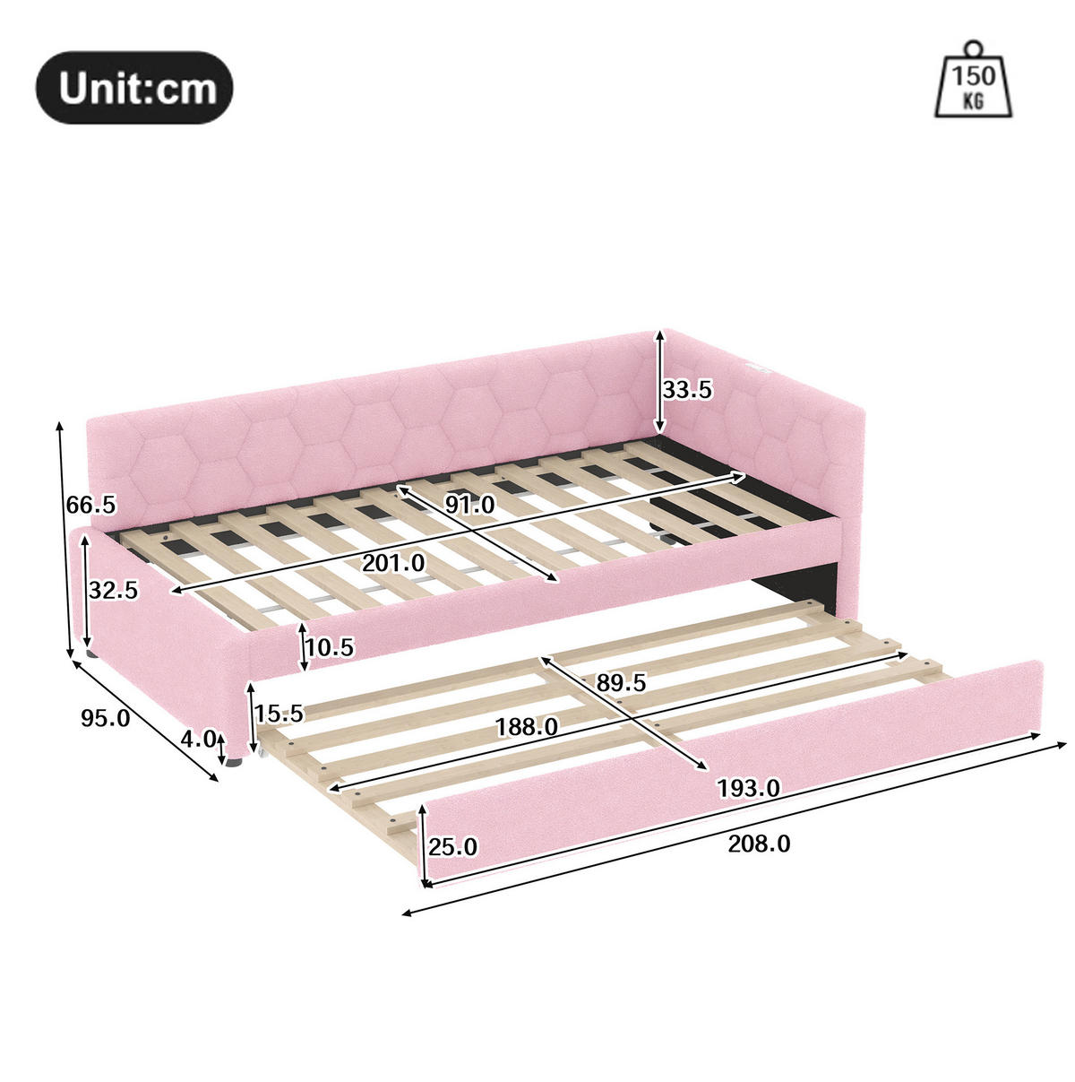 DNEVNI krevet 90/200 cm ružičasti od buklea s izvlačnim ležajem, USB i Type-C priključkom - ružičasta, tekstil (90/200cm) - OKWISH