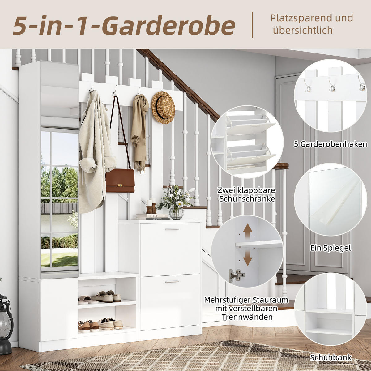 KOMPAKTGARDEROBE Spiegel Schuhschrank Hängeschrank Weiß - Weiß, Holzwerkstoff (135/180/25cm) - FLIEKS