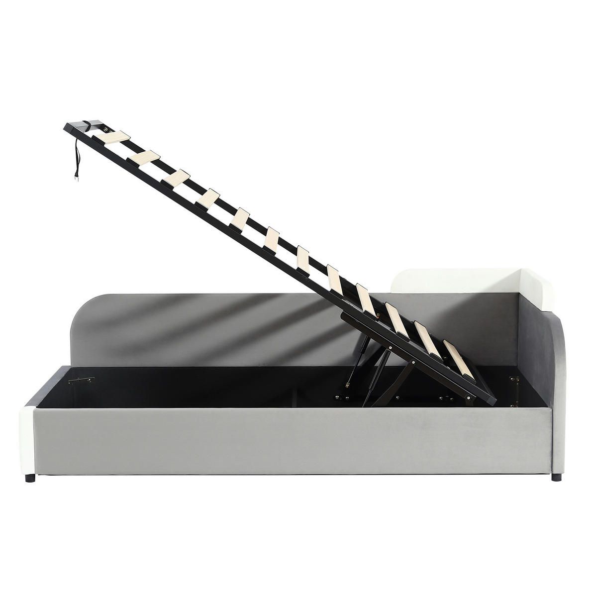 KINDERBETT 90/200 cm grau-weiß aus Samt mit Stauraum - Grau, Holzwerkstoff (90/200cm) - OKWISH