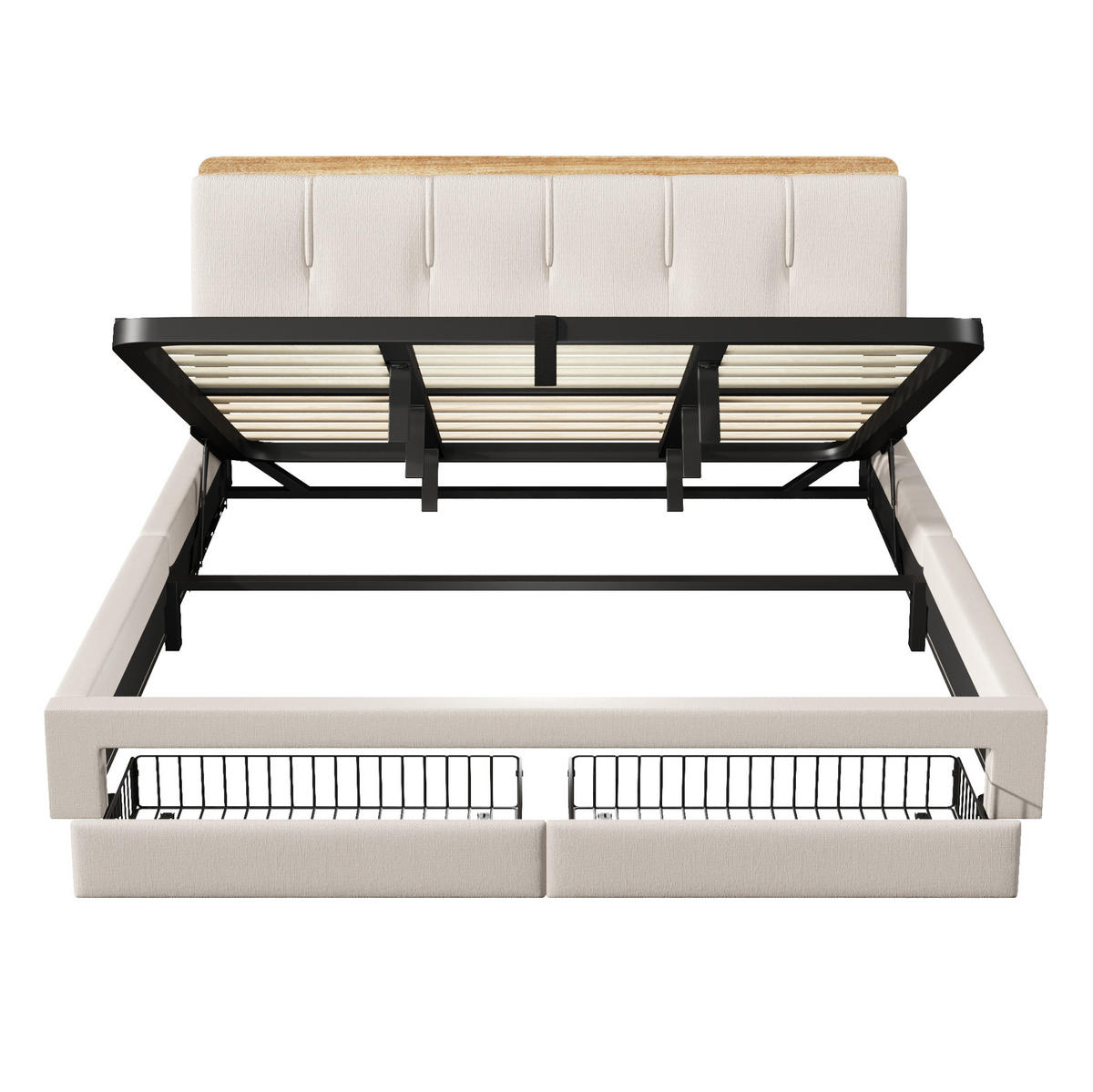 POLSTERBETT 180/200 cm Beige mit USB-, Typ-C-Anschluss, LED und hydraulischem Stauraum aus Leinen - Beige, Textil (180/200cm) - OKMYHOME