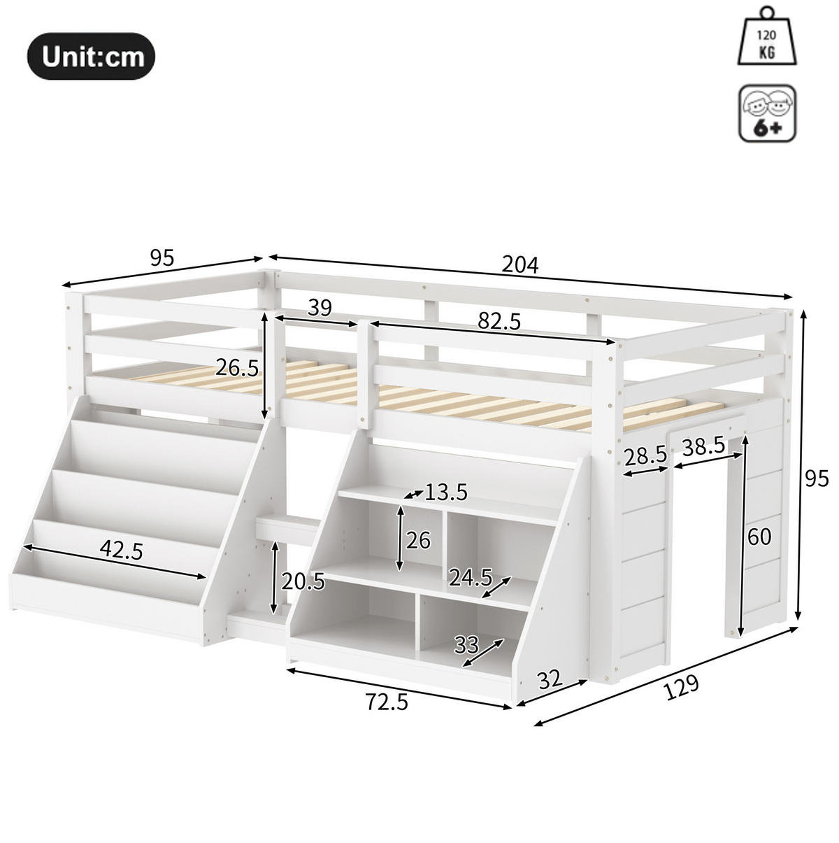 HALBHOHES BETT 90/200 cm Weiß mit LED und Stauraum - Weiß, Holz (90/200cm) - MIVRAY