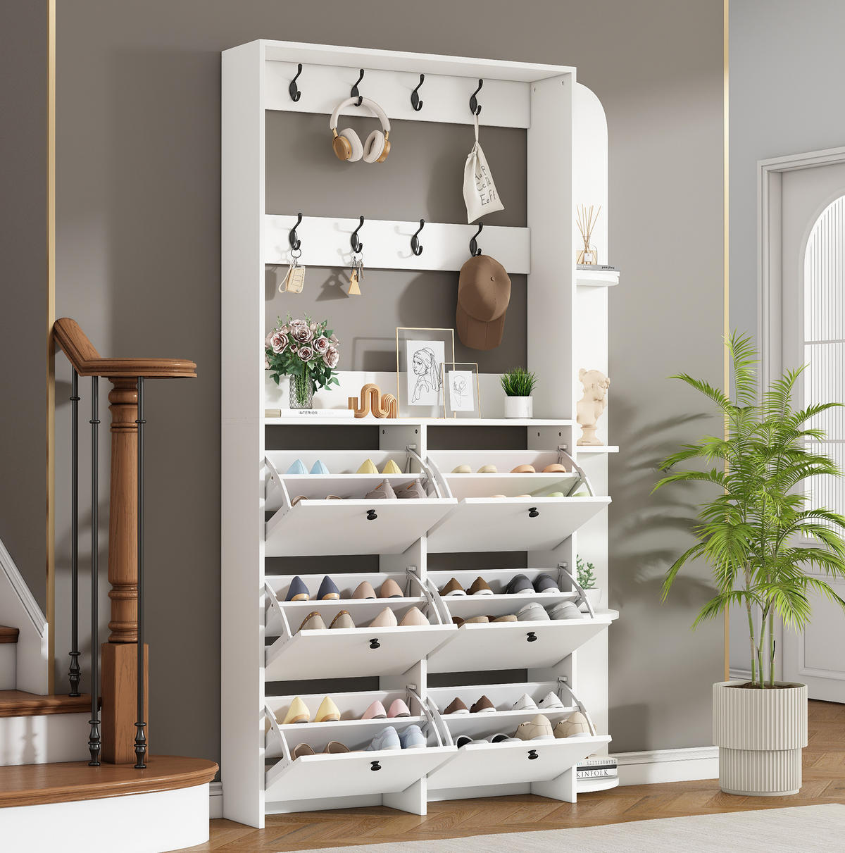 STANDGARDEROBE 120/24/200 cm mit 8 Haken und Schuhschrank in Weiß - Weiß, Holzwerkstoff (120/200/24cm) - BEAOK